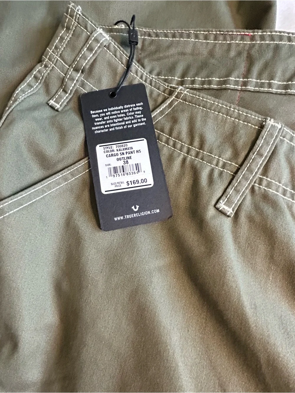 True Religion Men's Olive Cargo Pants with White Contrast Stitching